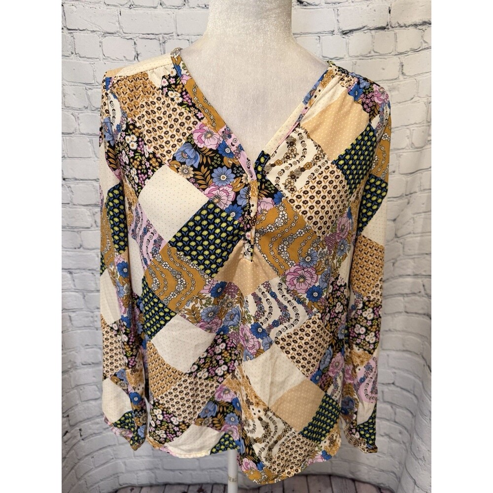 Pleione Women's Shirt Button Front Long Sleeve Chiffon Floral Patch Medium